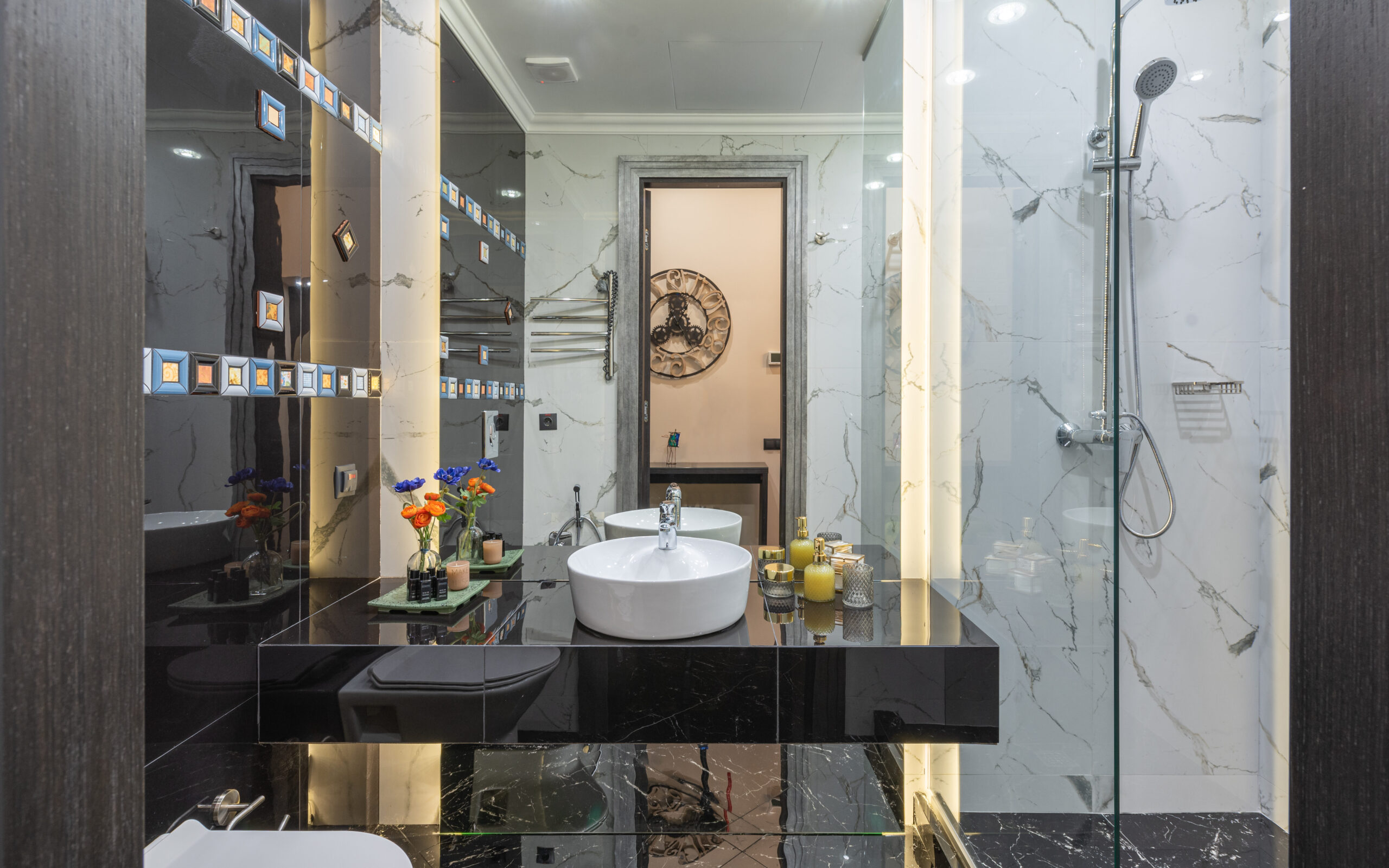 black bathroom and black bathroom vanity