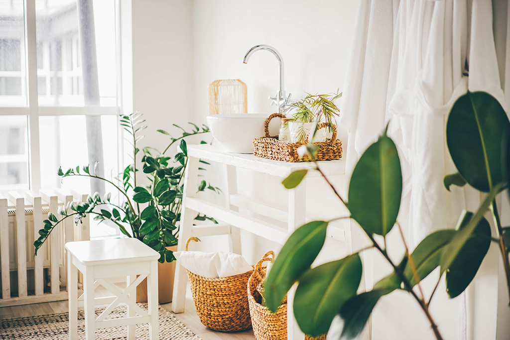 Boho style white bathroom interior