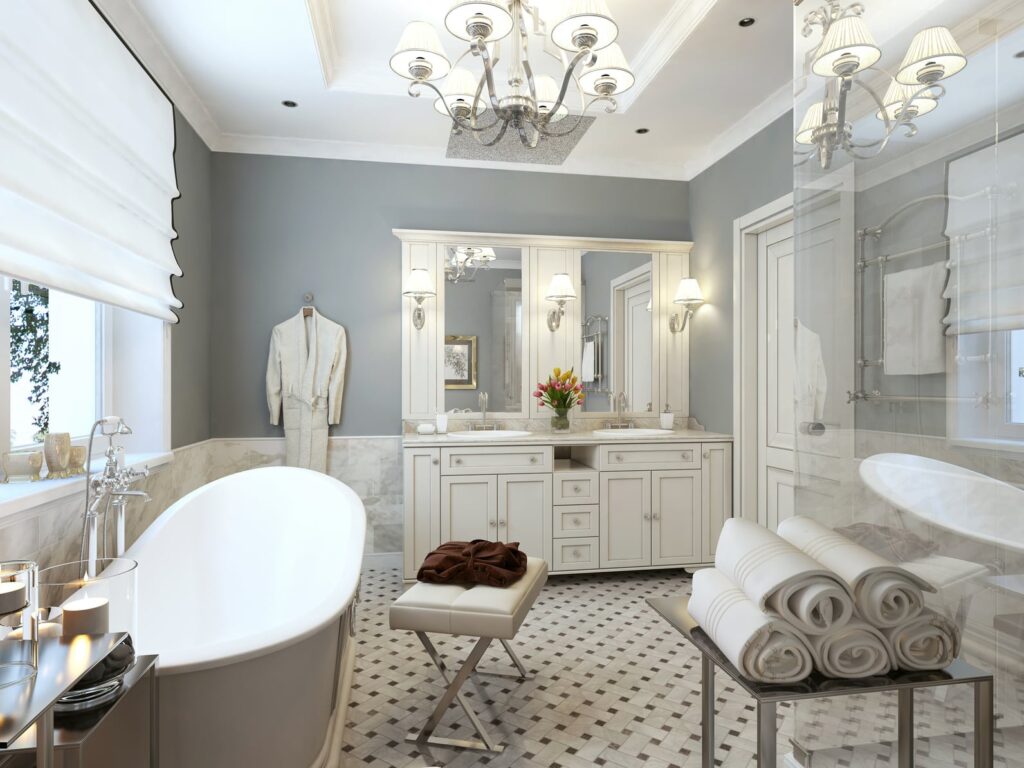 white and gray bathroom remodeling