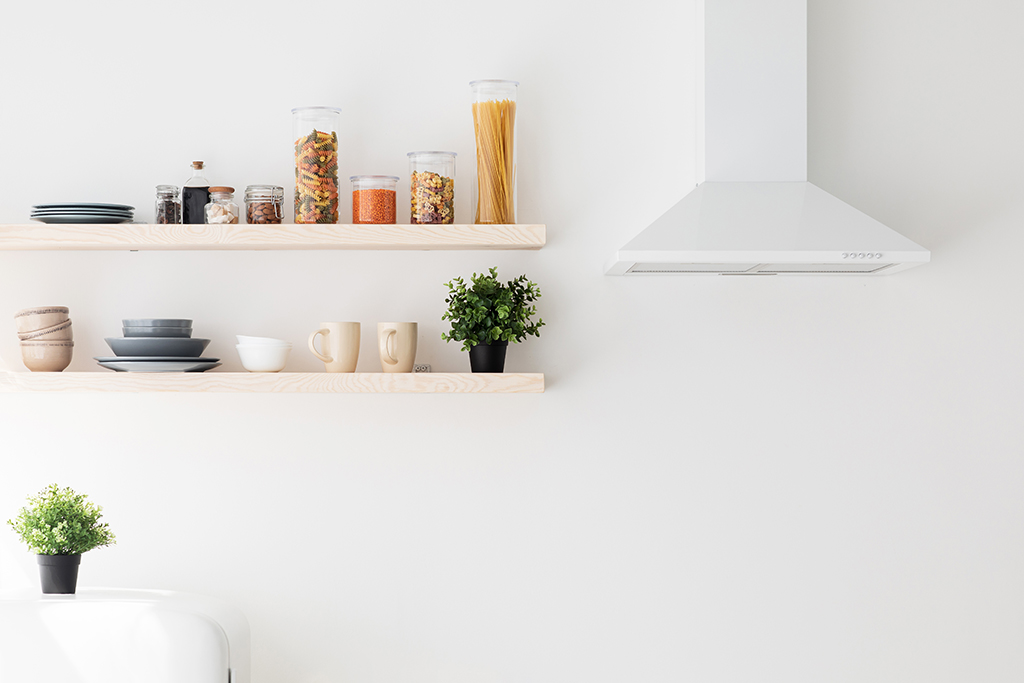 Cooking hood, spices and herbs, kitchenware supplies on shelves and green plants in kitchen at modern house with white interior design, closeup, free space