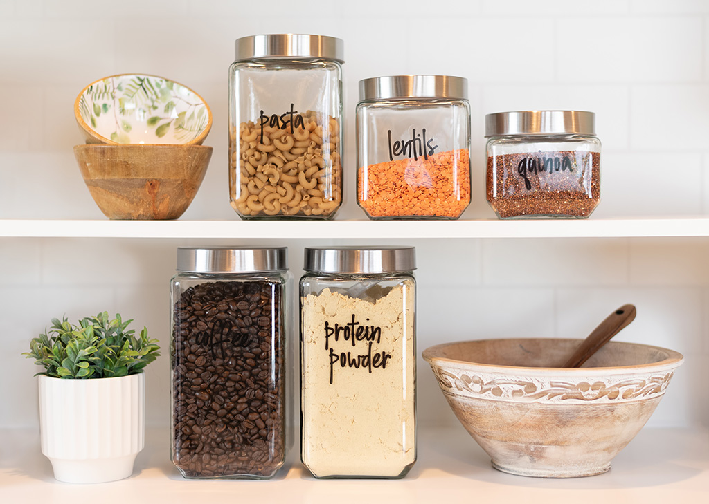 Neatly labeled food indredients on the kitchen shelf