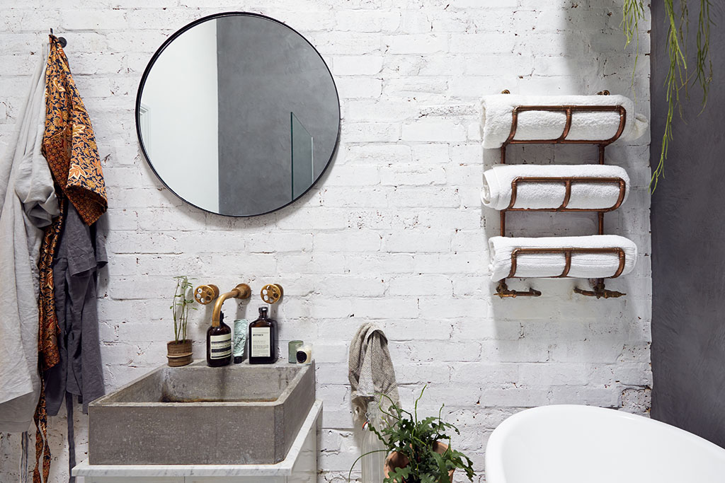 Empty Interior Of Contemporary Bathroom With Mirror And Wash Basin