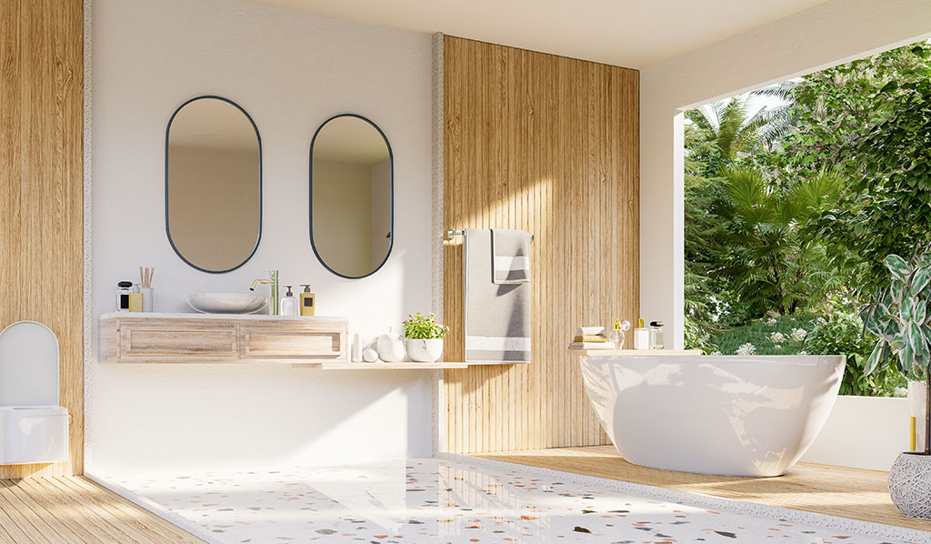 Modern Bathroom interior design on white wall, with bathroom accessories